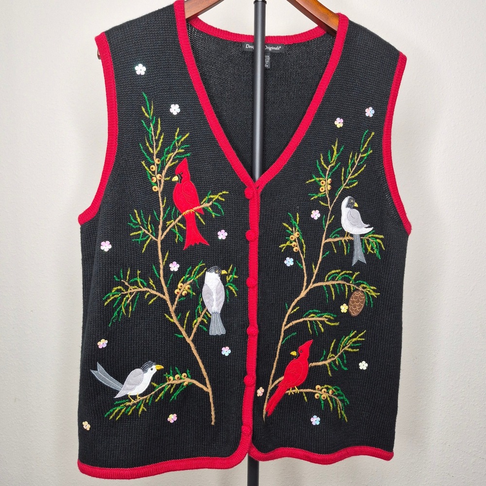 Designers Originals Cardinal Ugly Christmas Sweater Vest Knit Embroidered XL
